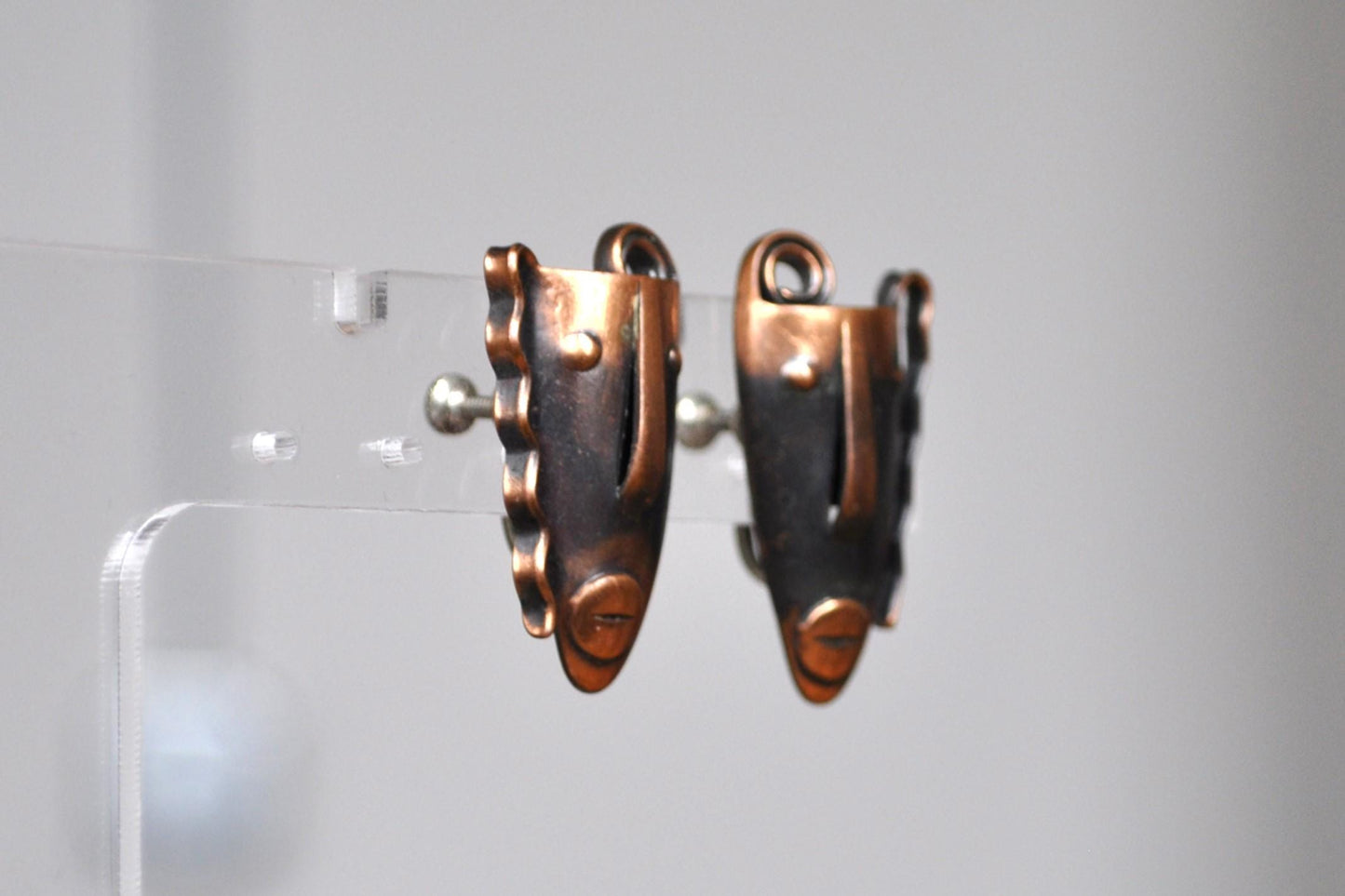 Antique 1950s Frank Rebajes Copper Ethnic Mask Screwback Earrings - Brazilian Ethnic Copper Masks - Frank Rebajes Tribal Copper Earrings
