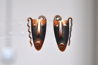 Antique 1950s Frank Rebajes Copper Ethnic Mask Screwback Earrings - Brazilian Ethnic Copper Masks - Frank Rebajes Tribal Copper Earrings
