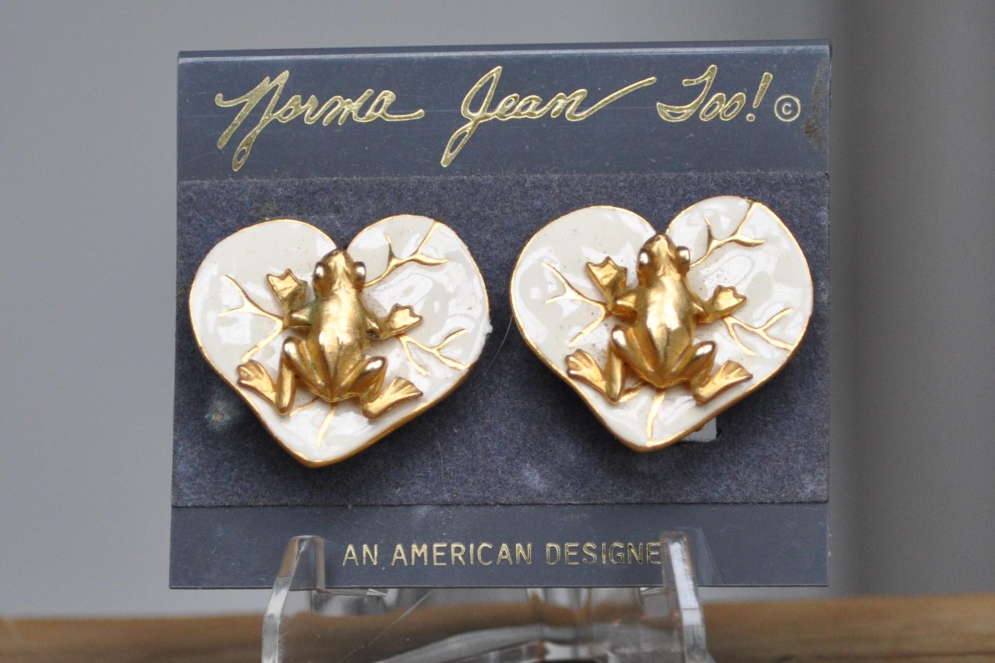 Vintage Enamel Norma Jean Gold-Tone Frog on Lilypad Earrings - Golden Frog and Lilypad Earrings - Enamel Frog Earrings