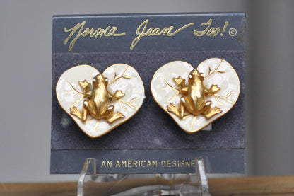 Vintage Enamel Norma Jean Gold-Tone Frog on Lilypad Earrings - Golden Frog and Lilypad Earrings - Enamel Frog Earrings
