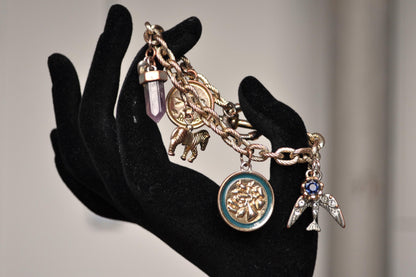 Ornate Banana Republic Women's Silver Enamel Charm Bracelet - 20 mm - Varying Charms - Horses, Doves, Stones