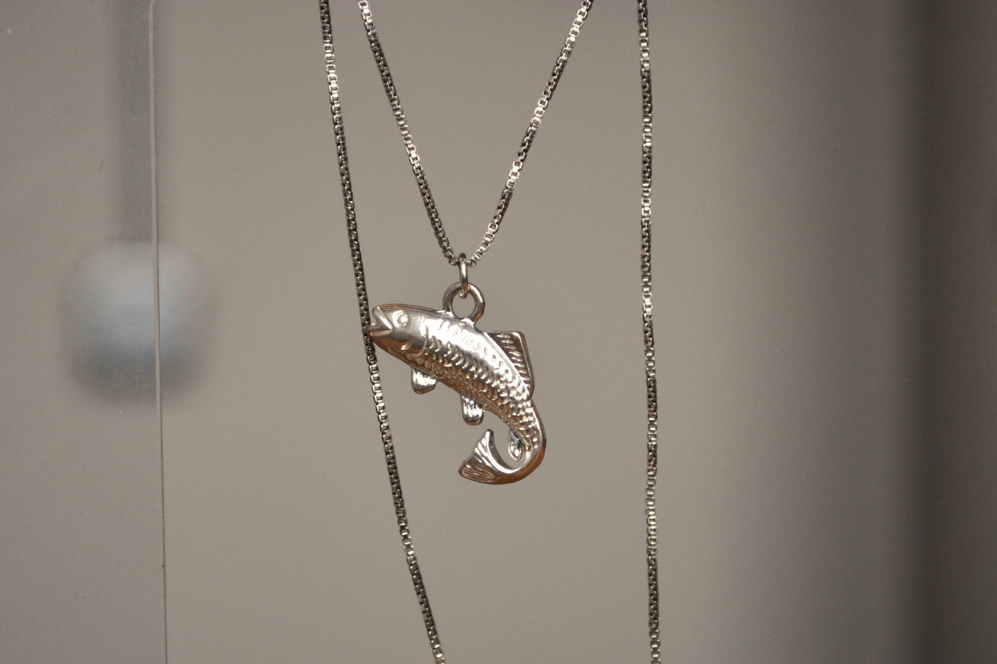 Gleaming Sterling Silver Fish Pendant Necklace - 16 inches - Cubic Chain Link Bracelet - 925 Fishing Necklace