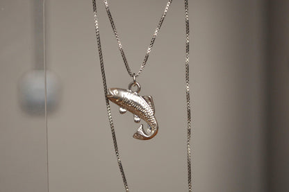 Gleaming Sterling Silver Fish Pendant Necklace - 16 inches - Cubic Chain Link Bracelet - 925 Fishing Necklace