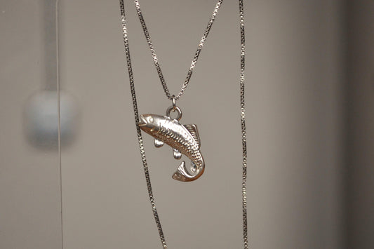Gleaming Sterling Silver Fish Pendant Necklace - 16 inches - Cubic Chain Link Bracelet - 925 Fishing Necklace