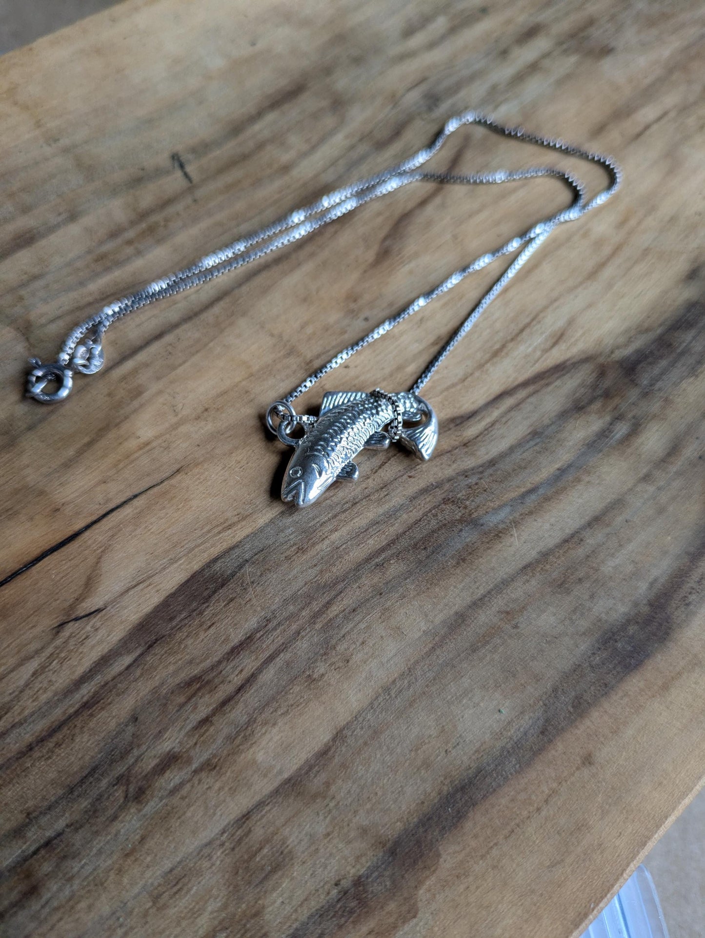 Gleaming Sterling Silver Fish Pendant Necklace - 16 inches - Cubic Chain Link Bracelet - 925 Fishing Necklace