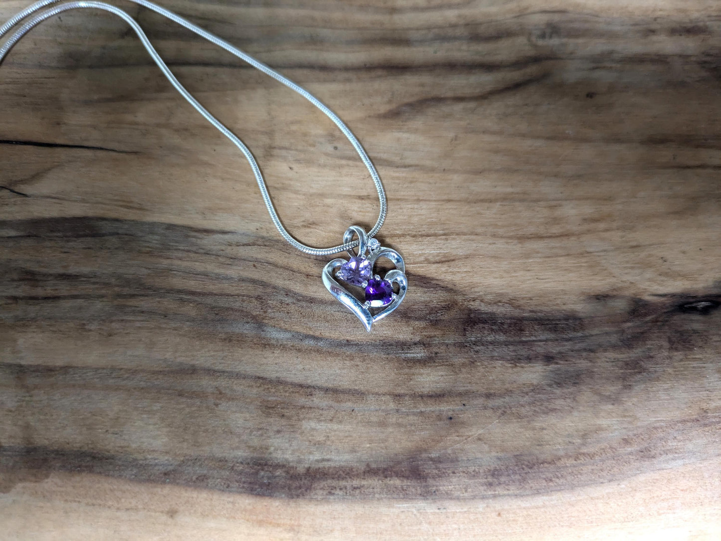 Stunning Sterling Silver Amethyst Gemstone Heart Pendant Necklace - 20 in - Varying Amethyst Shades Necklace - Double Amethyst Heart Pendant