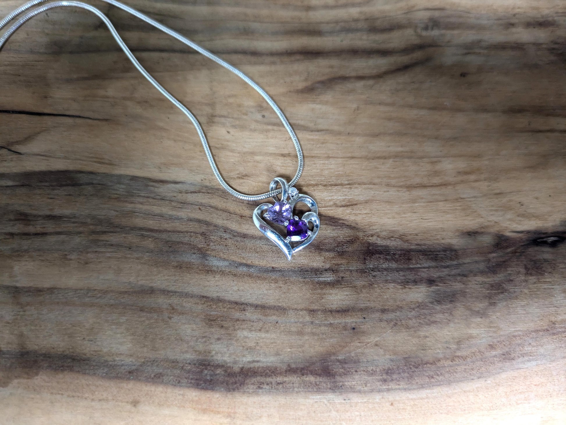 Stunning Sterling Silver Amethyst Gemstone Heart Pendant Necklace - 20 in - Varying Amethyst Shades Necklace - Double Amethyst Heart Pendant