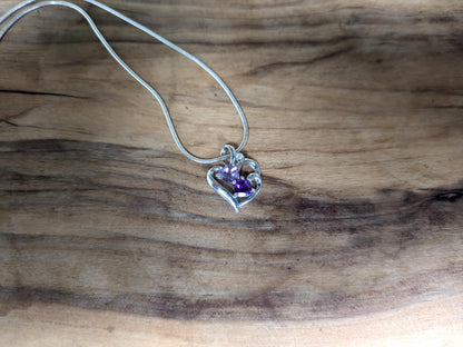 Stunning Sterling Silver Amethyst Gemstone Heart Pendant Necklace - 20 in - Varying Amethyst Shades Necklace - Double Amethyst Heart Pendant
