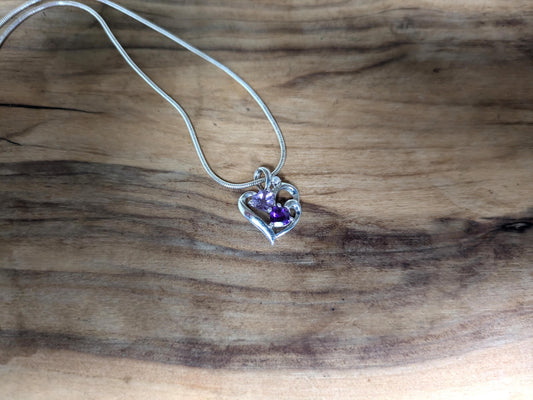 Stunning Sterling Silver Amethyst Gemstone Heart Pendant Necklace - 20 in - Varying Amethyst Shades Necklace - Double Amethyst Heart Pendant
