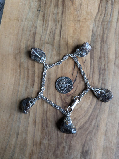 Amazing 12K Gold-Filled Silver Tone Black-White Speckled Agate Bracelet - 18 mm - Flecked Agate Bracelet - Silver-Tone Gold Bracelet