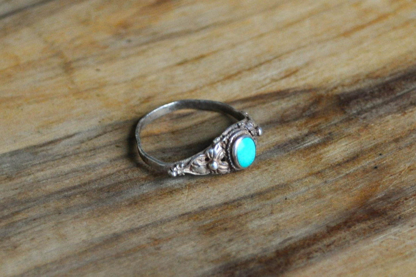Dainty 925 Turquoise Floral Design Ring - Size 6.5 - Irregularly Shaped Ring - Bent Turquoise Ring