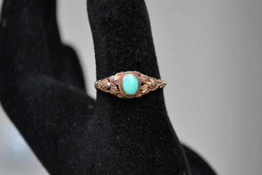 Dainty 925 Turquoise Floral Design Ring - Size 6.5 - Irregularly Shaped Ring - Bent Turquoise Ring