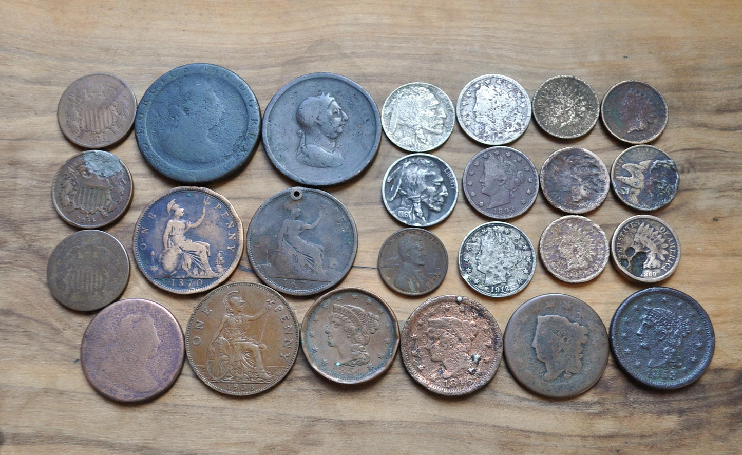 Old Coin Lot, 24 Coins, US & UK Coins 1790's-1930's - Varying Conditions, Great Deal! Us Large Cents, Indian Head Cent Exact Coins in Photo