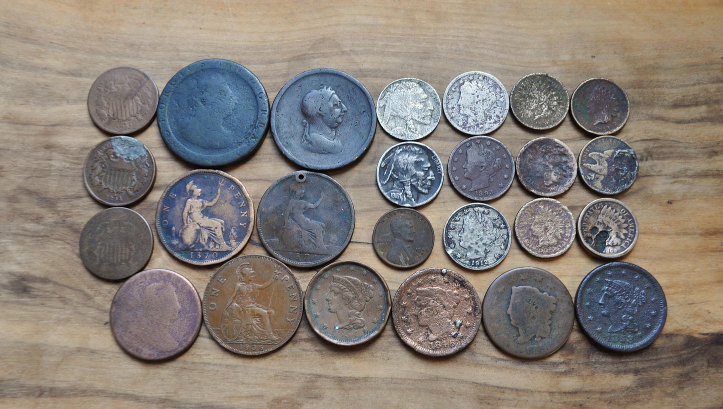 Old Coin Lot, 24 Coins, US & UK Coins 1790's-1930's - Varying Conditions, Great Deal! Us Large Cents, Indian Head Cent Exact Coins in Photo