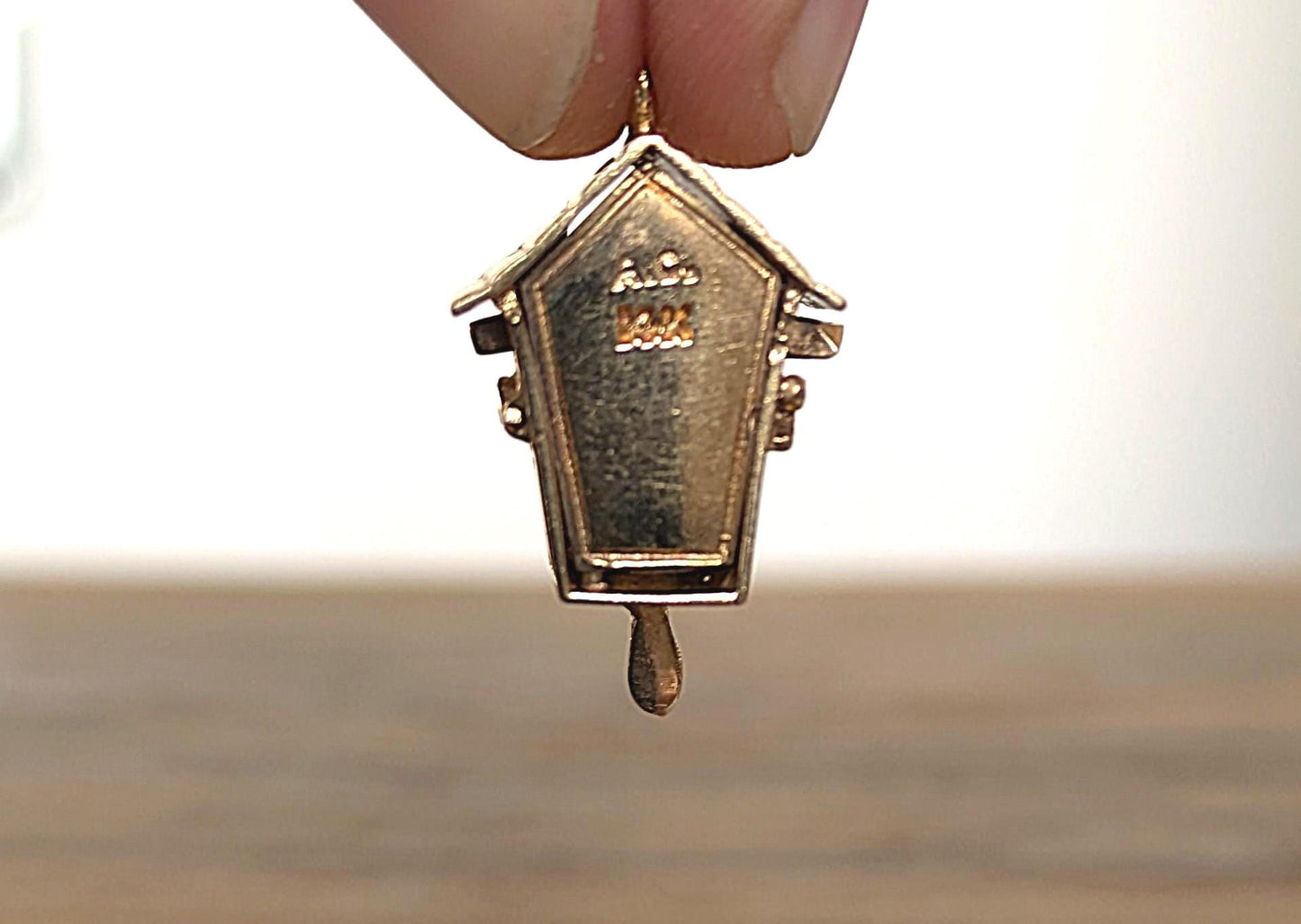 Rare 14K Gold 1960s Cuckoo Clock with Blue Enamel Bird Charm - Stamped 14K - Gold Charm - Yellow Gold Charm