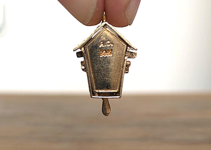 Rare 14K Gold 1960s Cuckoo Clock with Blue Enamel Bird Charm - Stamped 14K - Gold Charm - Yellow Gold Charm