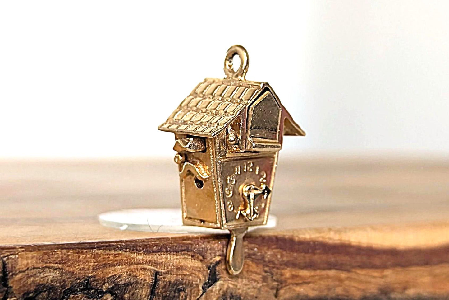 Rare 14K Gold 1960s Cuckoo Clock with Blue Enamel Bird Charm - Stamped 14K - Gold Charm - Yellow Gold Charm