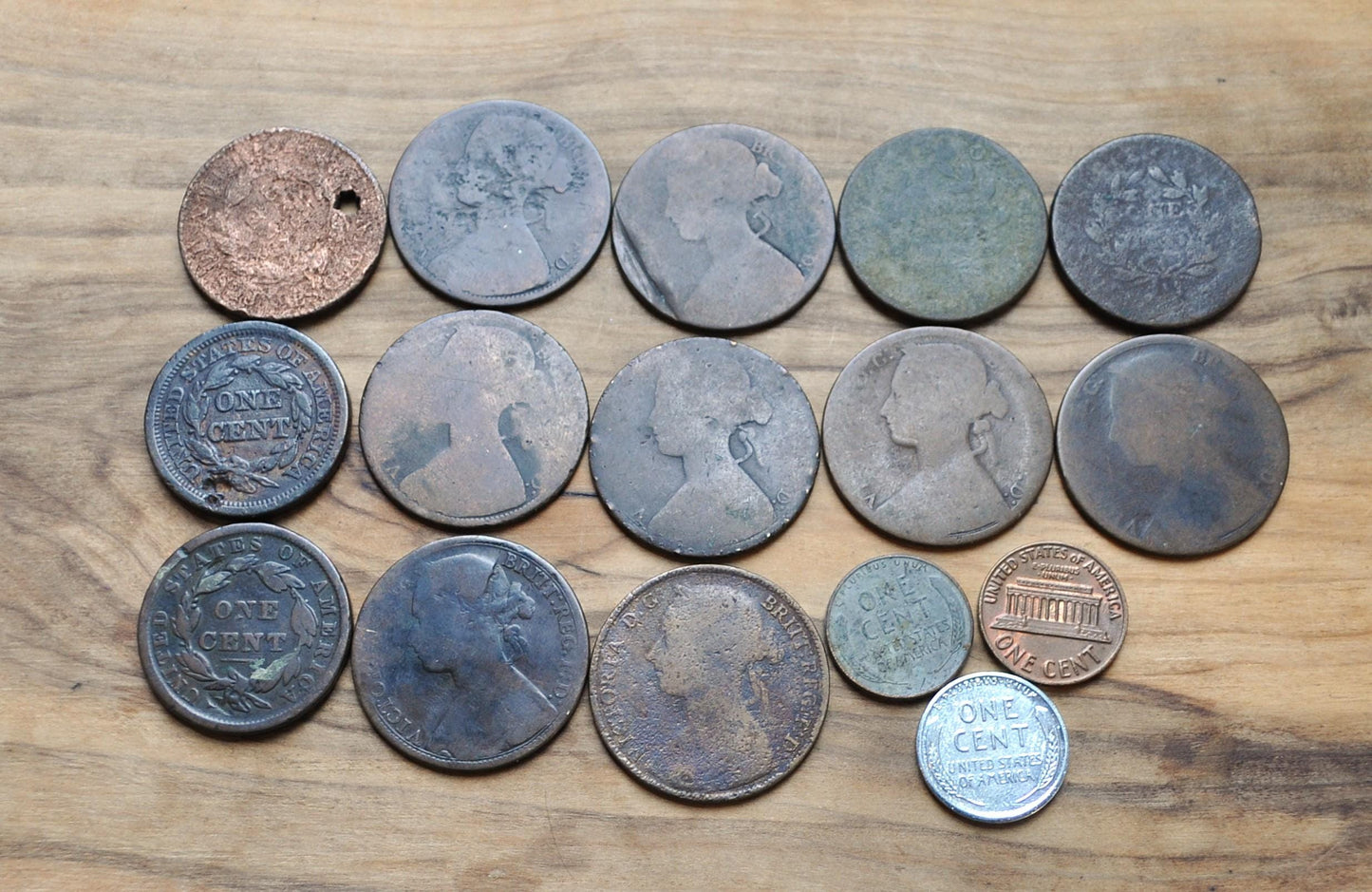 Old Coin Lot, 16 Coins, US & UK Coins - Varying Conditions, Great Deal! Us Large Cents, Pennies, Exact Coins in Photo