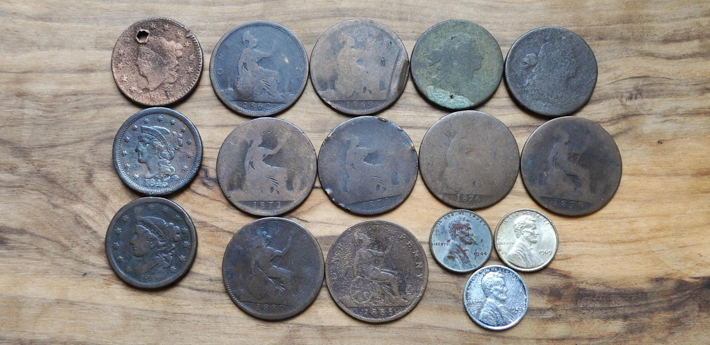 Old Coin Lot, 16 Coins, US & UK Coins - Varying Conditions, Great Deal! Us Large Cents, Pennies, Exact Coins in Photo