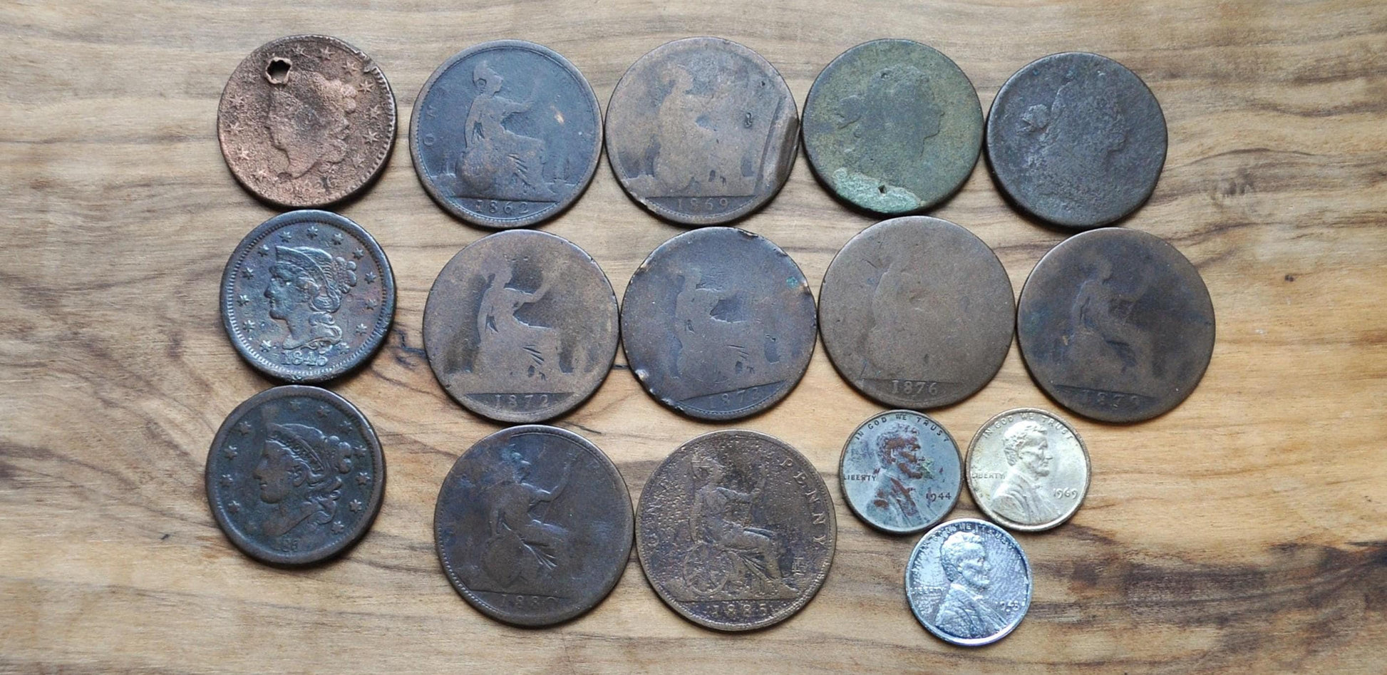 Old Coin Lot, 16 Coins, US & UK Coins - Varying Conditions, Great Deal! Us Large Cents, Pennies, Exact Coins in Photo