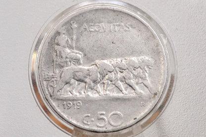 1919-1925 Italian 50 Centesimi Coin - Reeded Edge - Vittorio Emanuele - C.50 - Very Fine Detail, some dents; Low mintage - Italy 50 Cent