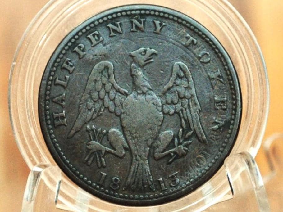 Rarer 1813 Canada Lower Bank Half Penny Token, Spread Eagle Variety - Fine Condition - 1/2 Penny Token Canada 1813