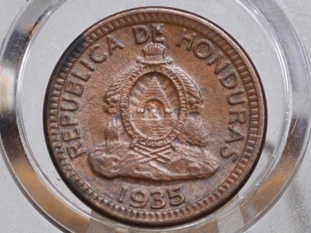 Rarer 1935 Honduras 1 Centavo Centesimos - Uncirculated - Republic of Honduras Coin - 1 Centavo de Lempira