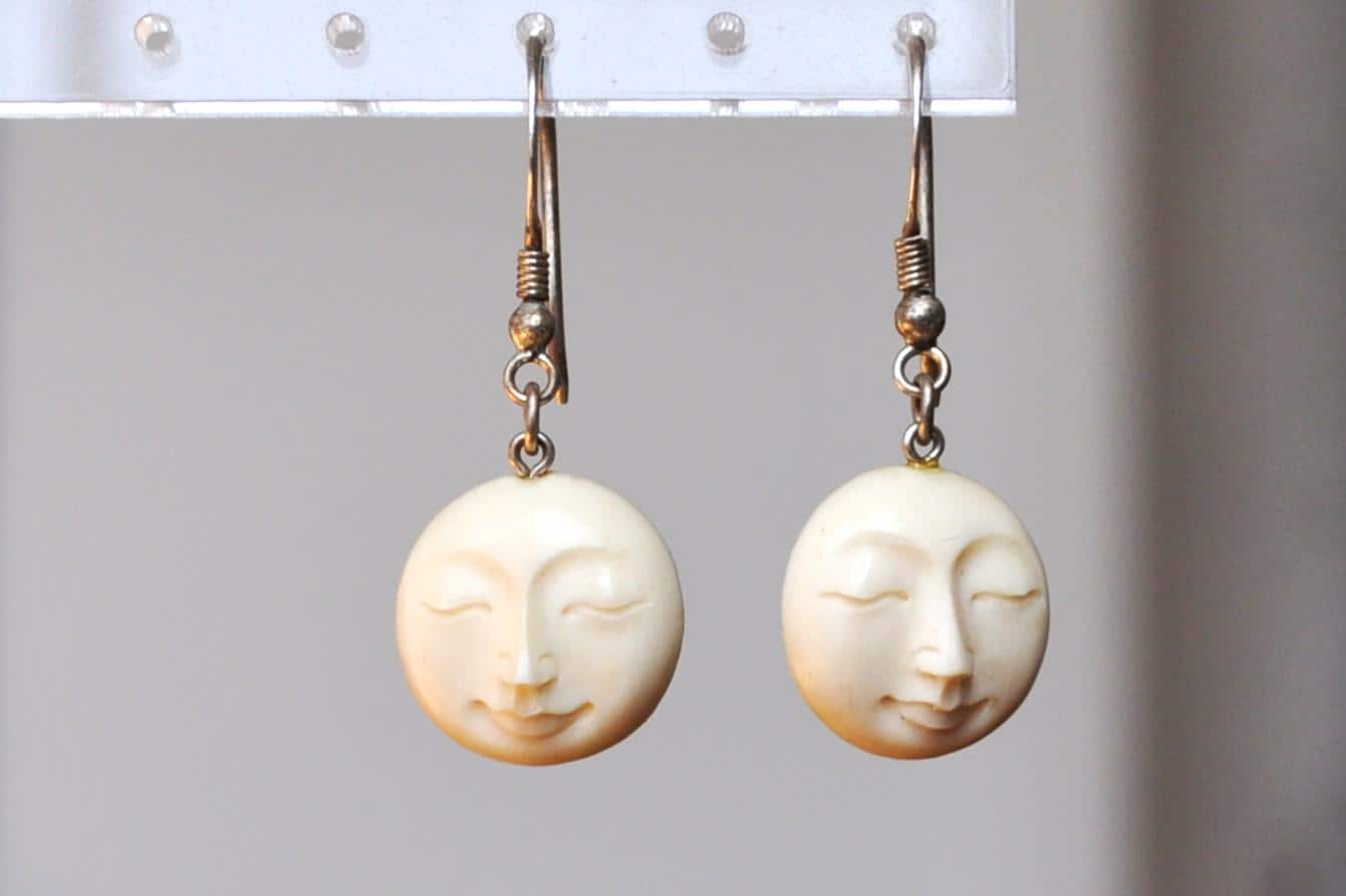 Mysterious Sterling Silver Cow Bone Moon Face Earrings - Sleeping Moon Face Earrings - Sterling Silver Moon Earrings - Cow Bone Earrings