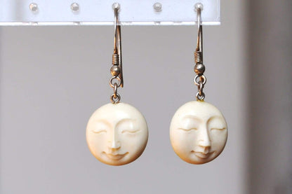 Mysterious Sterling Silver Cow Bone Moon Face Earrings - Sleeping Moon Face Earrings - Sterling Silver Moon Earrings - Cow Bone Earrings