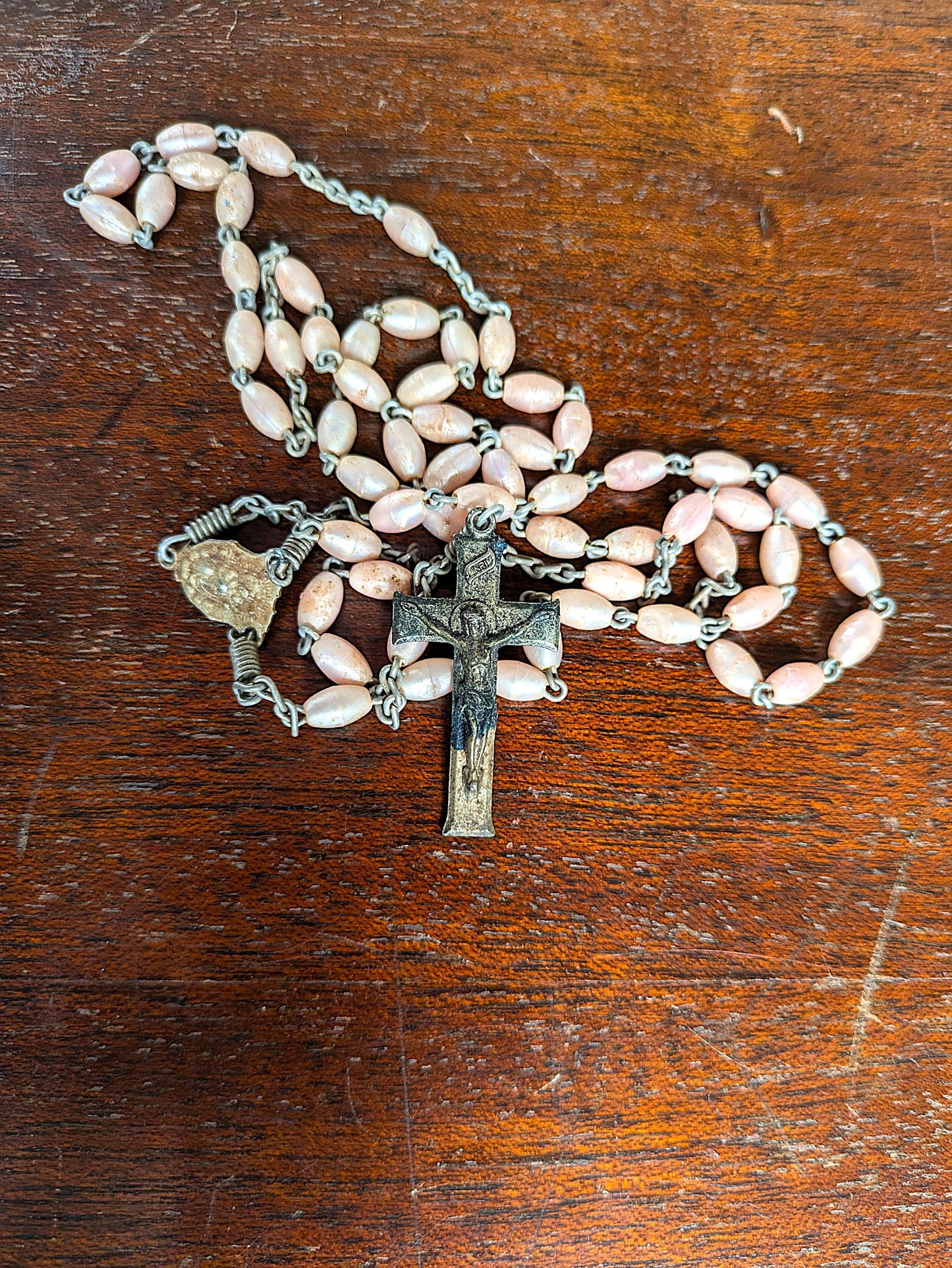 Antique Pink Celluloid Rosary Necklace - Timeworn Pink Beaded Necklace - Jesus Crucifix Rosary Necklace - Pink Beaded Crucifix Necklace