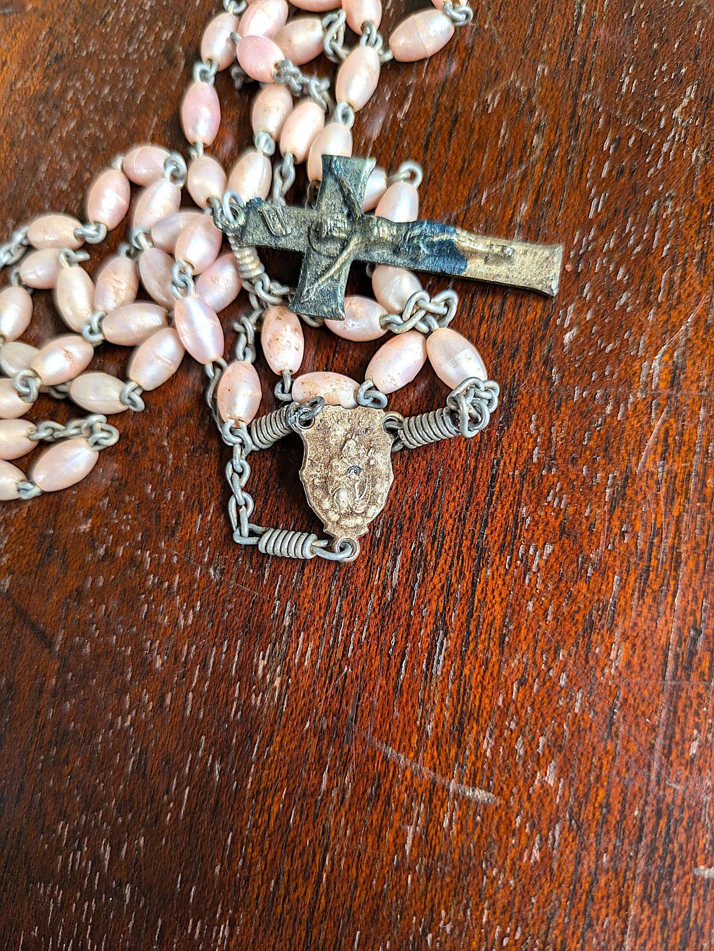Antique Pink Celluloid Rosary Necklace - Timeworn Pink Beaded Necklace - Jesus Crucifix Rosary Necklace - Pink Beaded Crucifix Necklace
