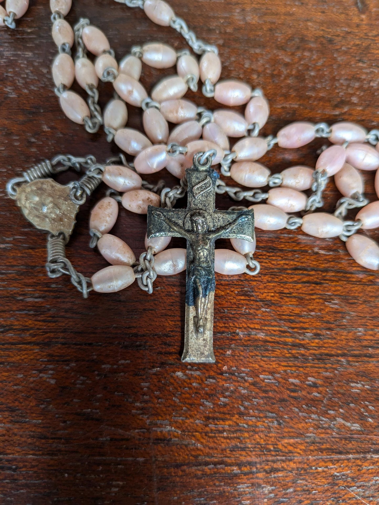 Antique Pink Celluloid Rosary Necklace - Timeworn Pink Beaded Necklace - Jesus Crucifix Rosary Necklace - Pink Beaded Crucifix Necklace