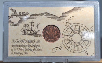 1808 East India Company Ten Cash Ship Wreck Coin in Packaging - 186 Year Old English Shipwreck of Admiral Gardner - East India Company - Ear