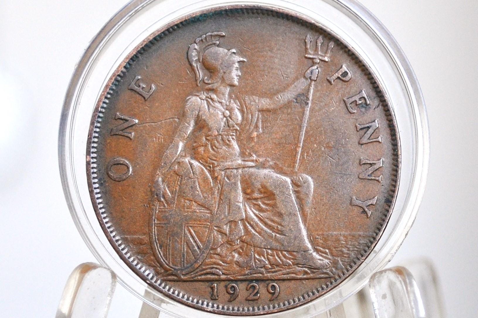 1929 Great Britain One Penny - Uncirculated / High Grade - UK Large Penny 1929 - Rare Find in this condition, Luster, Red-Brown