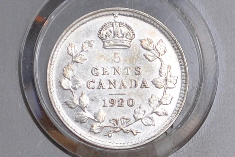 1920 Canadian Silver 5 Cent Coin - XF (Extremely Fine) Condition - King George - Canada 5 Cent 80% Silver 1920 Canada