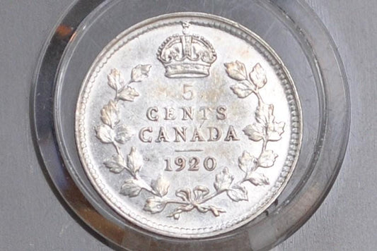 1920 Canadian Silver 5 Cent Coin - XF (Extremely Fine) Condition - King George - Canada 5 Cent 80% Silver 1920 Canada