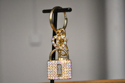 Sparkling Gold Tone Lock & Key Keychain - Rhinestone Studded Heart Key and Lock - Non-Opening Lock