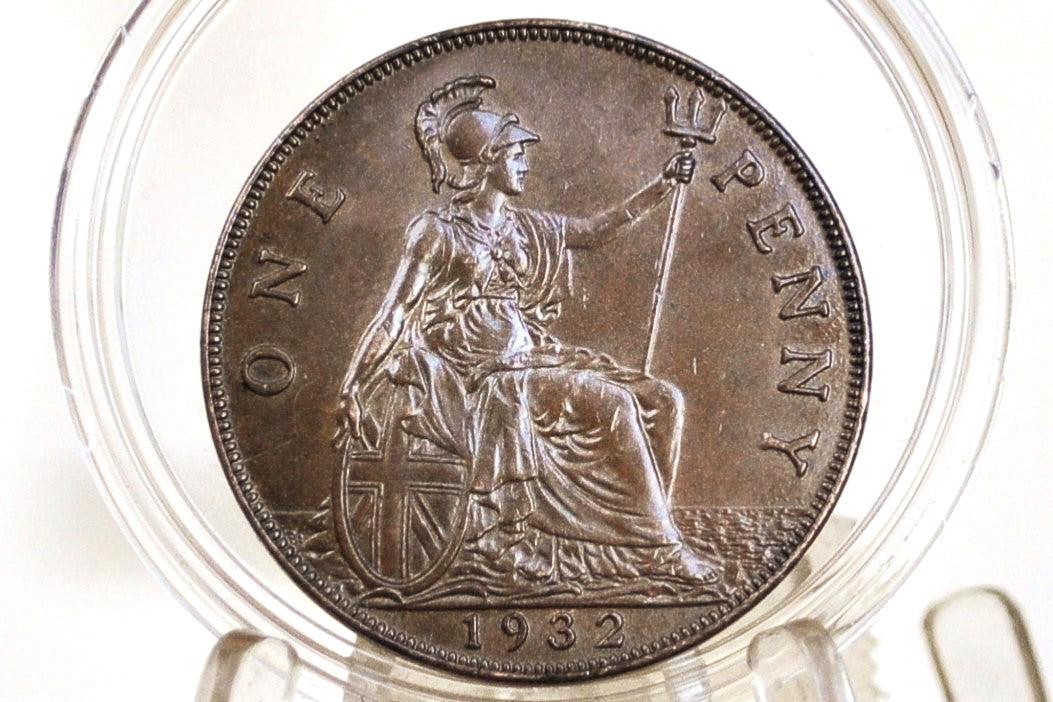 1932 Great Britain One Penny - Uncirculated Grade / Condition - United Kingdom Large Penny 1932 - King George Penny, Bronze, UK penny