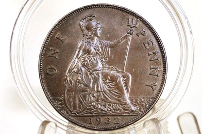 1932 Great Britain One Penny - Uncirculated Grade / Condition - United Kingdom Large Penny 1932 - King George Penny, Bronze, UK penny