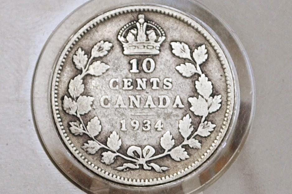 1934 Canadian Silver 10 Cent Coin - G (Good) Condition - Low Mintage Date - Canada 10 Cent Sterling Silver 1934 Canada