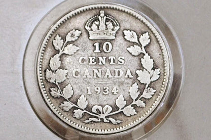 1934 Canadian Silver 10 Cent Coin - G (Good) Condition - Low Mintage Date - Canada 10 Cent Sterling Silver 1934 Canada