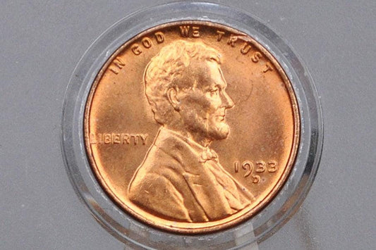 1933-D Wheat Penny - Red / BU - Denver Mint - 1933D Wheat Ear Cent - 1933 D Cent, Rarer Penny, Higher Grade