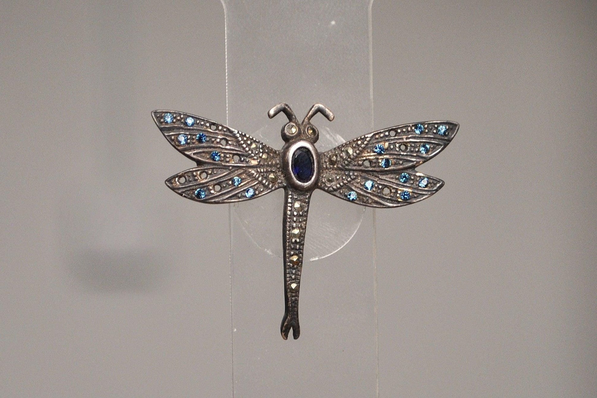 Stunning Sterling Silver Studded Sapphire Dragonfly Brooch - Tested Sterling Silver - Studded Bug Jewelry