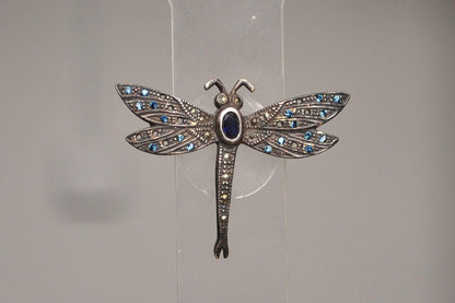 Stunning Sterling Silver Studded Sapphire Dragonfly Brooch - Tested Sterling Silver - Studded Bug Jewelry