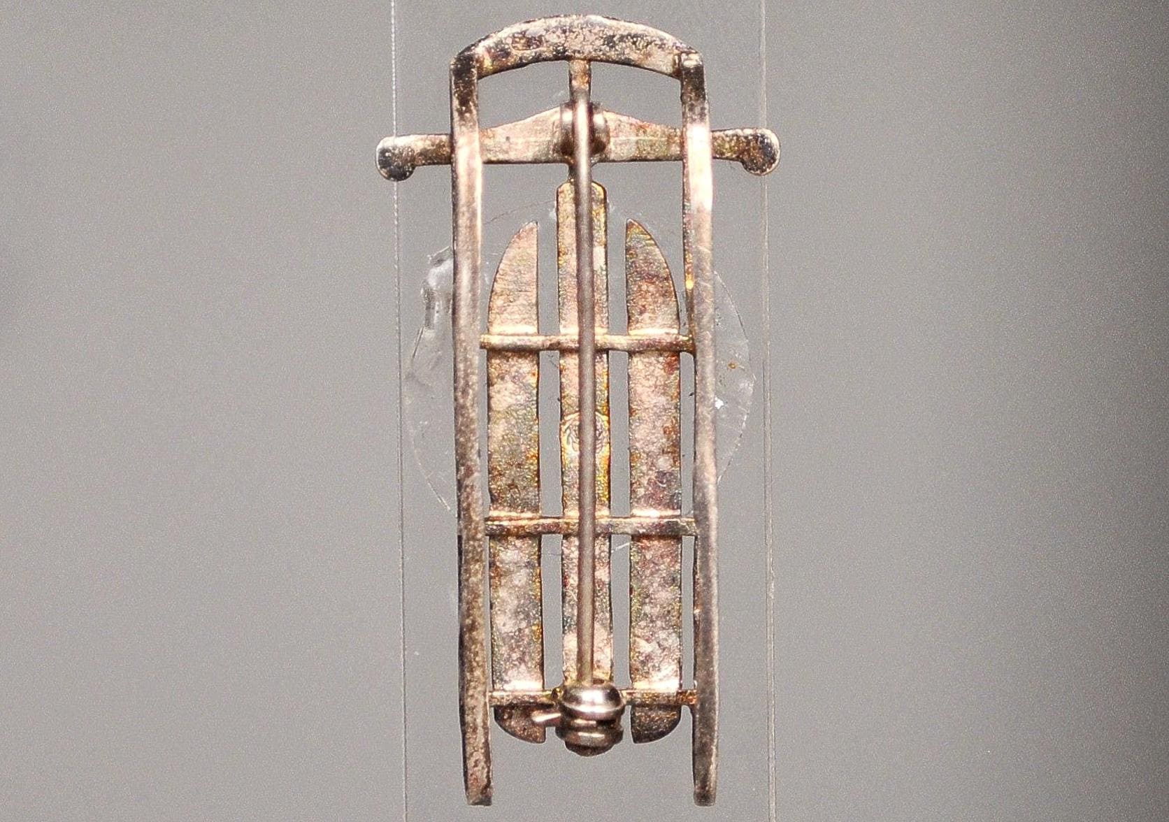 Scarce Sterling Silver Sled/Toboggan Brooch - Stamped and Tested Sterling Silver - "M" Wrapped in Laurel Wreath Hallmark