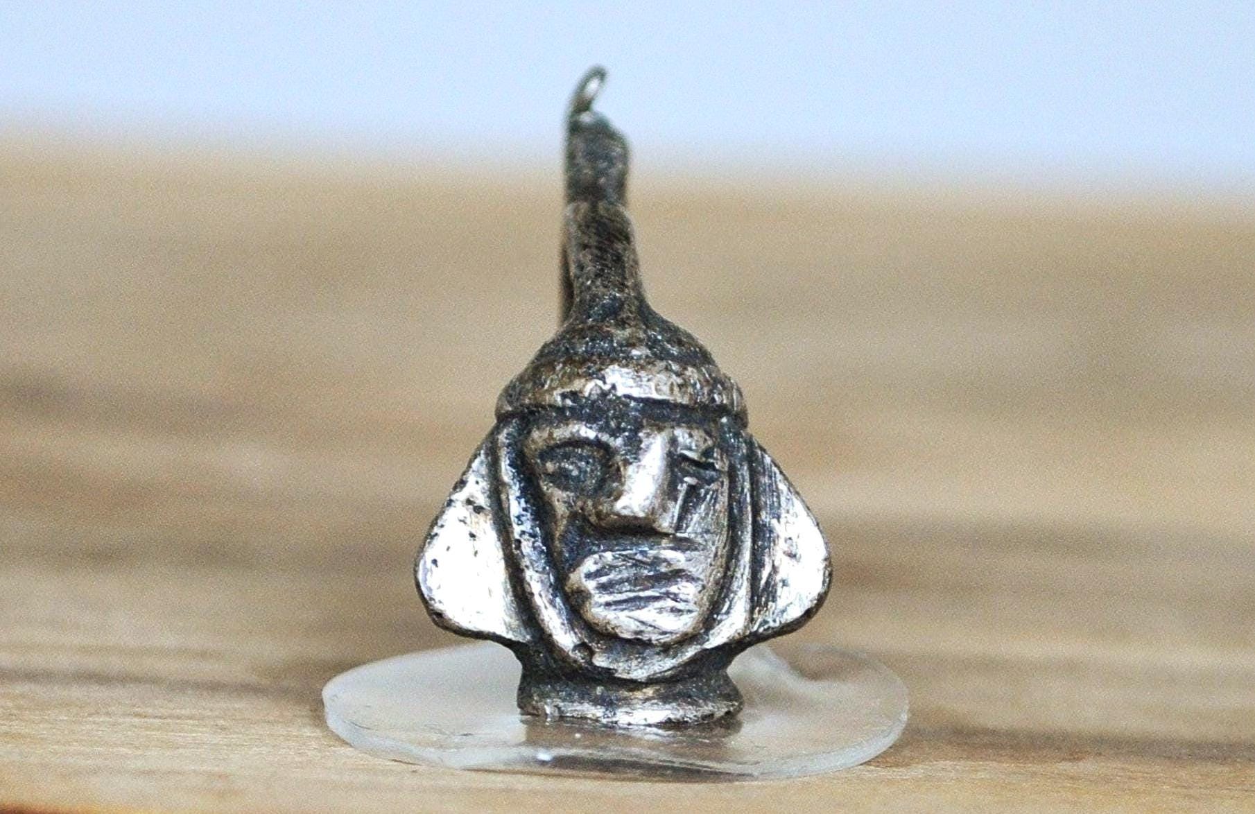 Antique Sterling Silver Moche Portrait Vessel Charm - Pre-Columbian Coastal Peru Pendant - Andean Jewelry