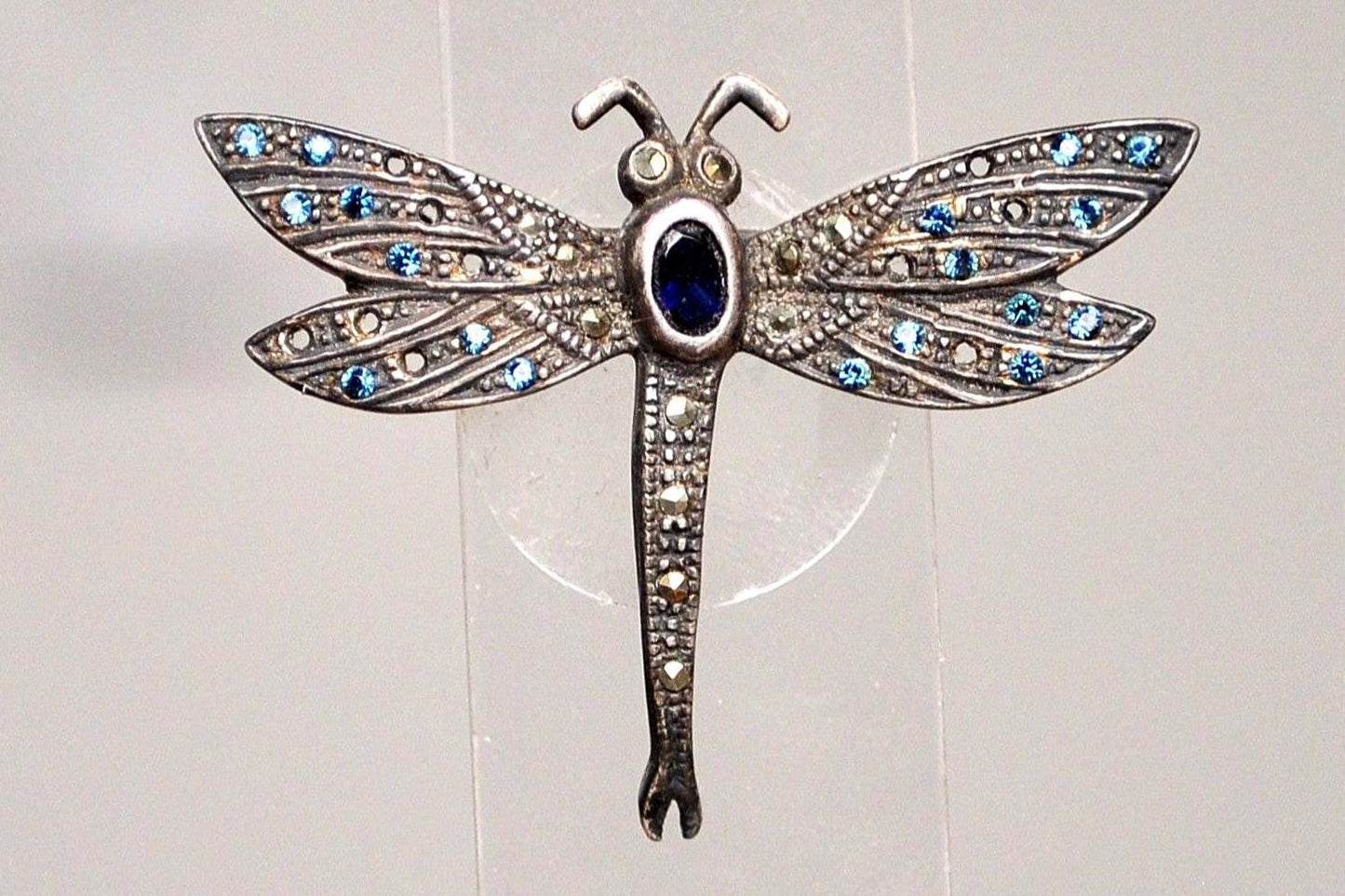 Stunning Sterling Silver Studded Sapphire Dragonfly Brooch - Tested Sterling Silver - Studded Bug Jewelry