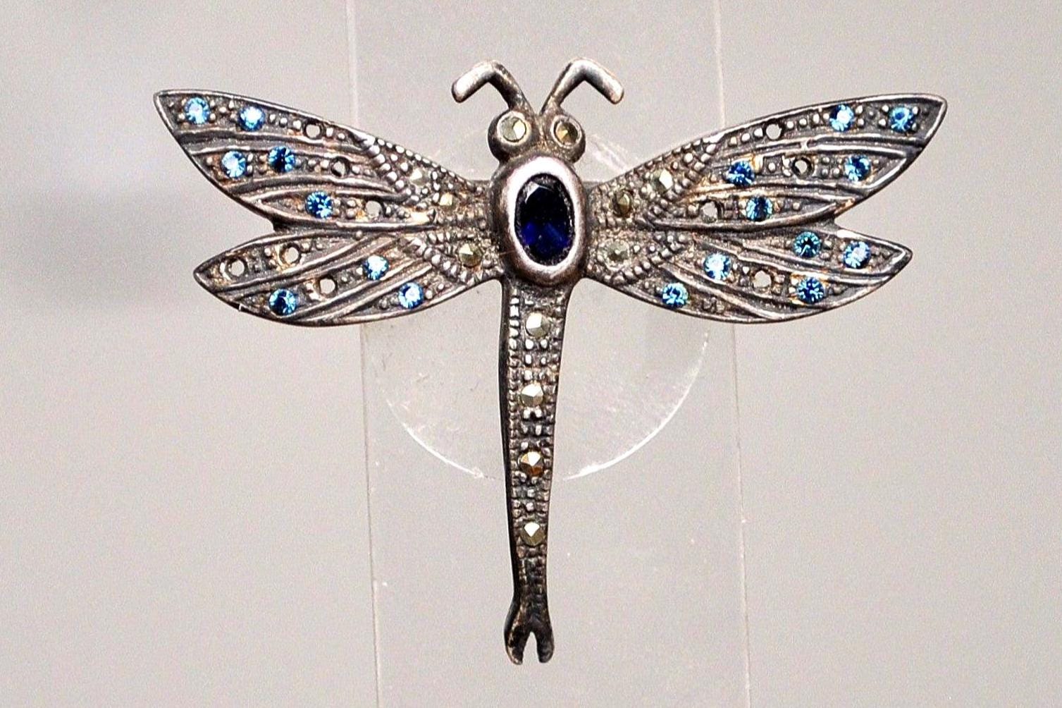 Stunning Sterling Silver Studded Sapphire Dragonfly Brooch - Tested Sterling Silver - Studded Bug Jewelry