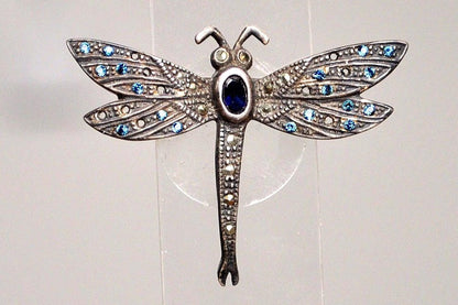 Stunning Sterling Silver Studded Sapphire Dragonfly Brooch - Tested Sterling Silver - Studded Bug Jewelry