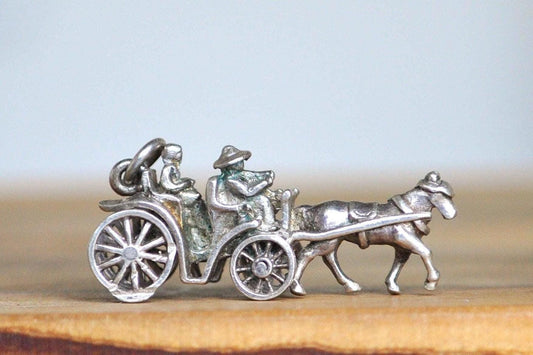Antique Sterling Silver Horse and Carriage Pendant - Tested Sterling Silver - Man, Woman, and Blinded Horse - Moveable Wheels